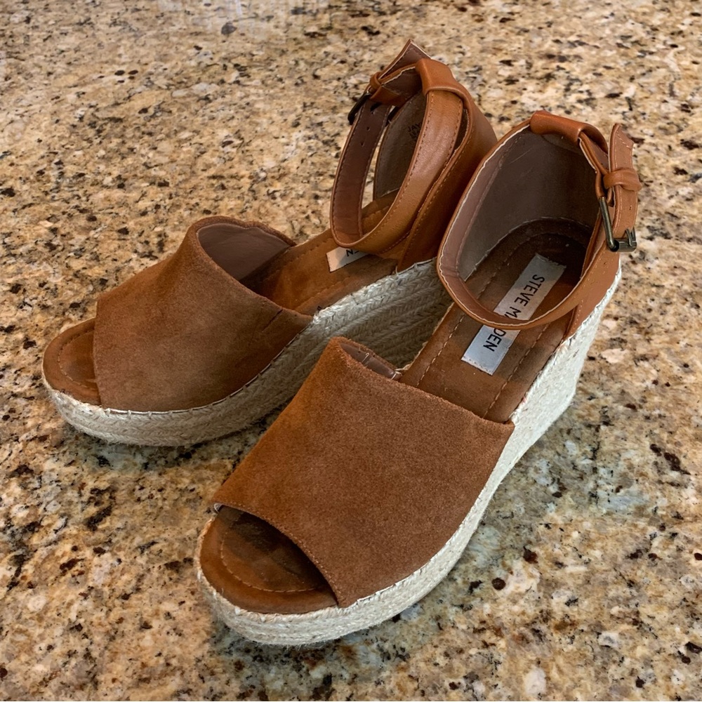 STEVE MADDEN Jaylen Wedge Espadrilles Platform Sandals Size 8.5 Cognac B… - Picture 4 of 12